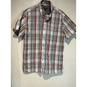 Eddie Bauer Mens Large Orange Grey Plaid Short Sleeve Button Down Hiking Shirt